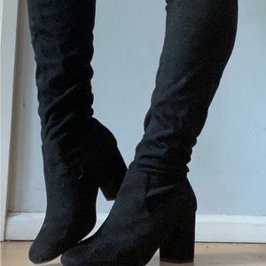 Thigh high suede heeled boots